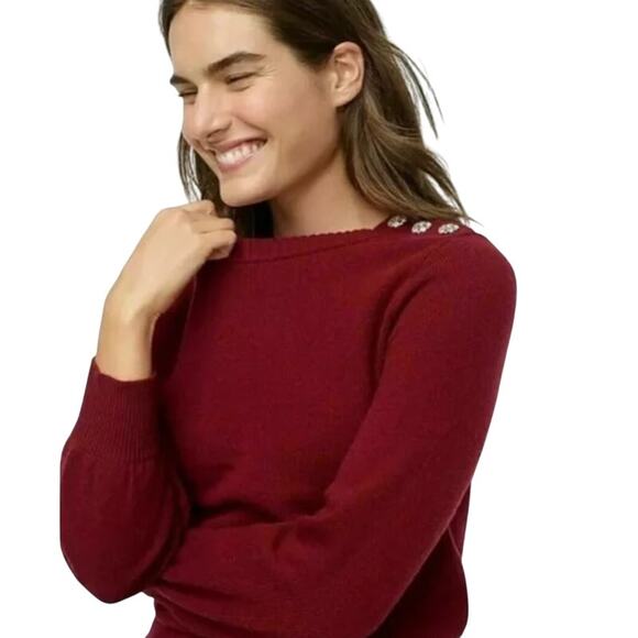 J. Crew Lambswool Blend Shoulder Rhinestone Button Sweater Size Medium - Picture 9 of 9